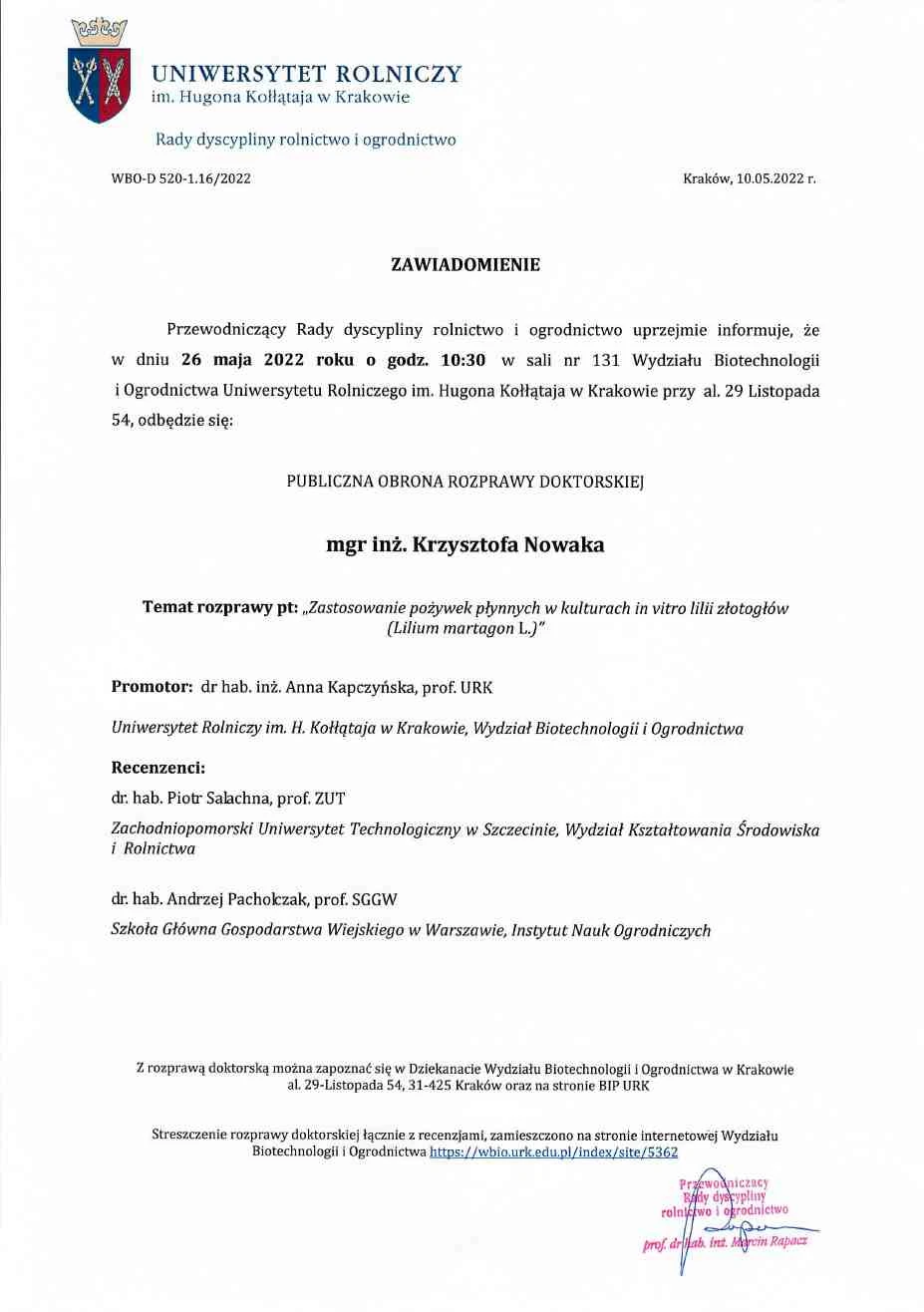Zawiadomienie o publicznej obronie rozprawy doktorskiej mgr inż. Krzysztofa Nowaka