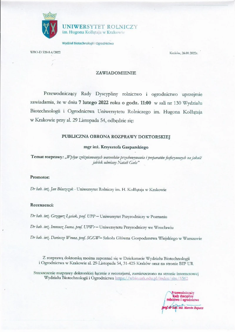 Zawiadomienie o publicznej obronie rozprawy doktorskiej mgr inż. Krzysztofa Gasparskiego