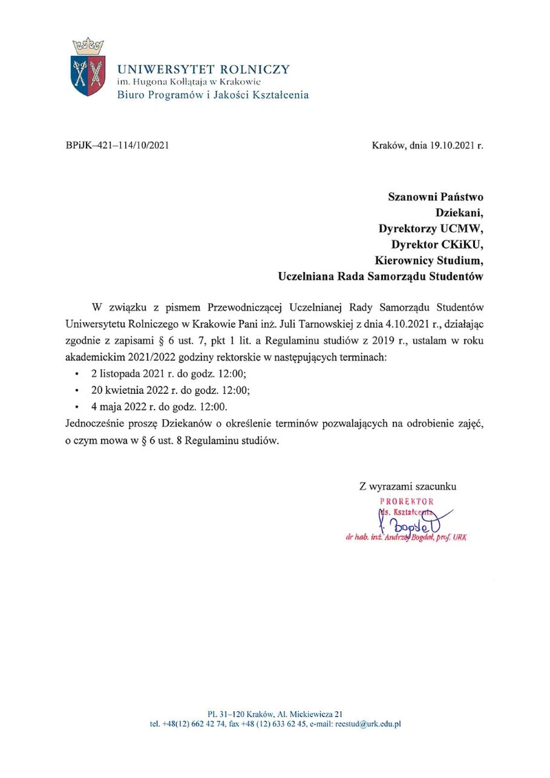 Dodatkowe godziny Rektorskie