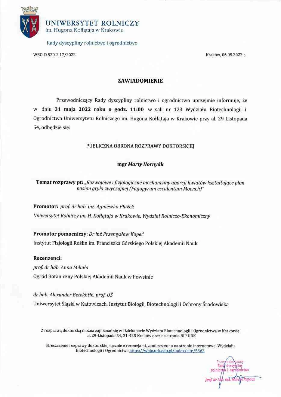 Zawiadomienie o publicznej obronie rozprawy doktorskiej mgr inż. Marty Hornyák