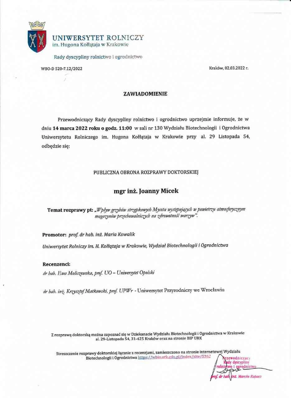 Zawiadomienie o publicznej obronie rozprawy doktorskiej mgr inż. Joanny Micek