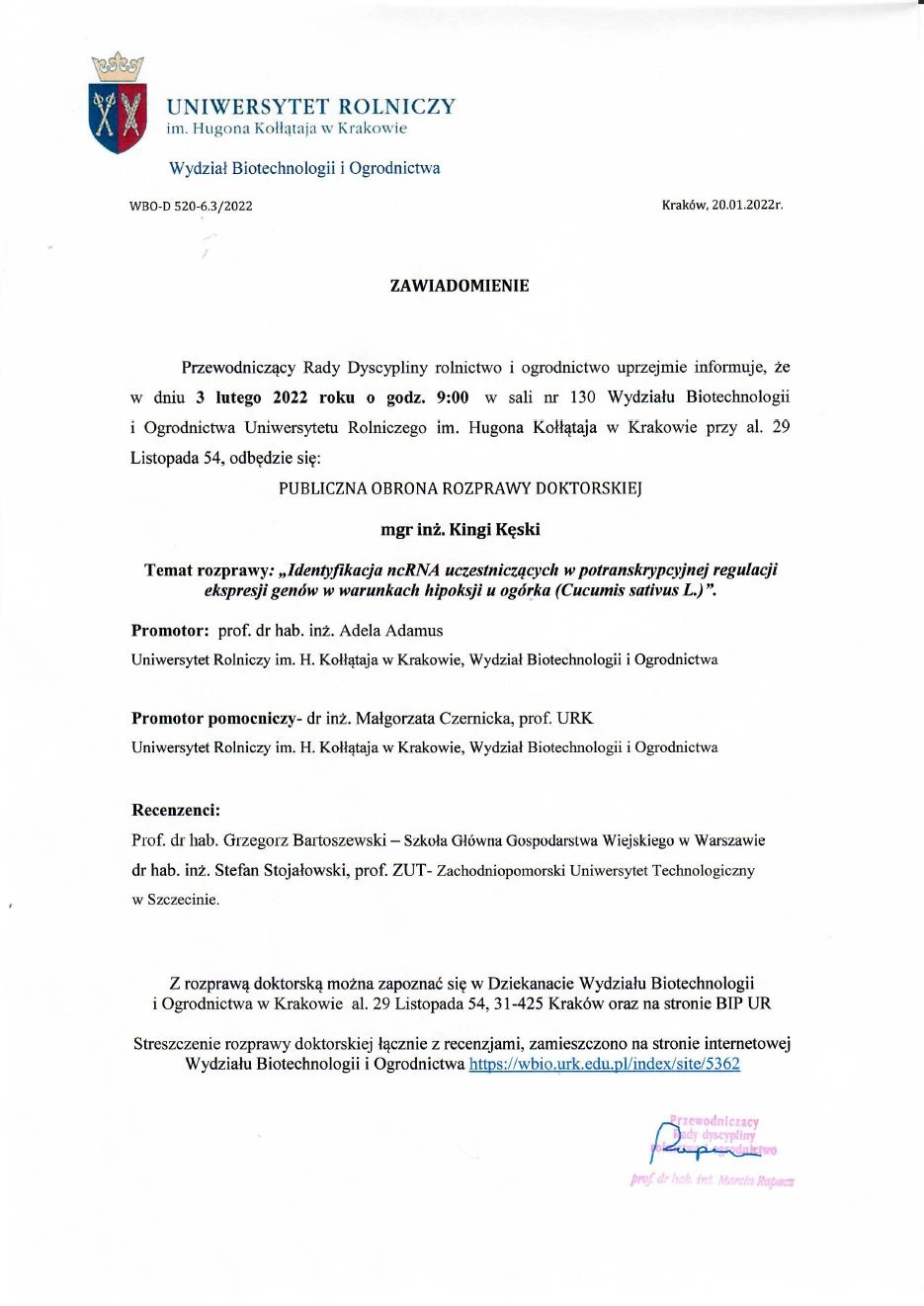 Zawiadomienie o publicznej obronie rozprawy doktorskiej mgr inż. Kingi Kęski