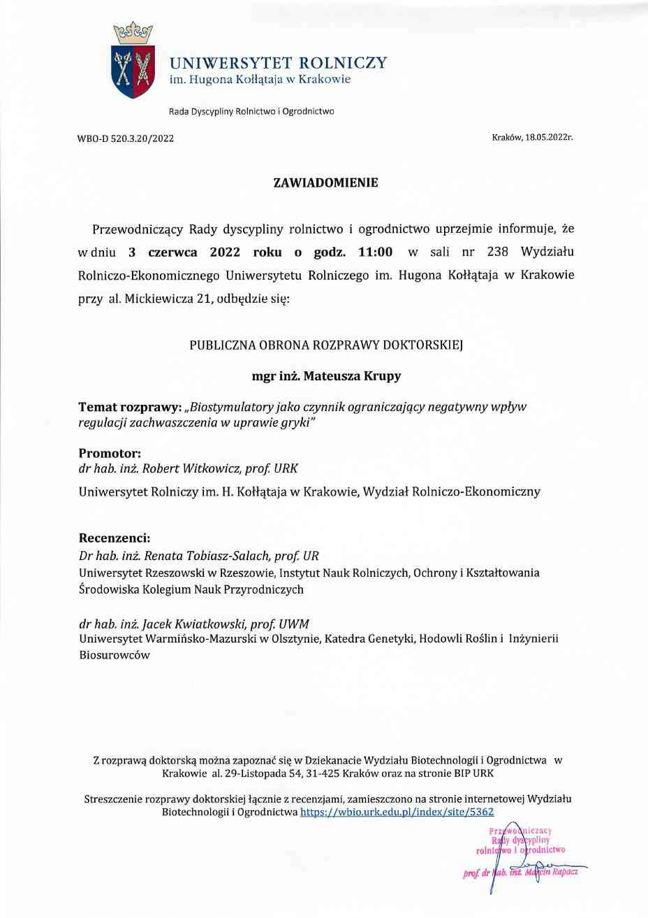 Zawiadomienie o publicznej obronie rozprawy doktorskiej mgr inż. Mateusza Krupy