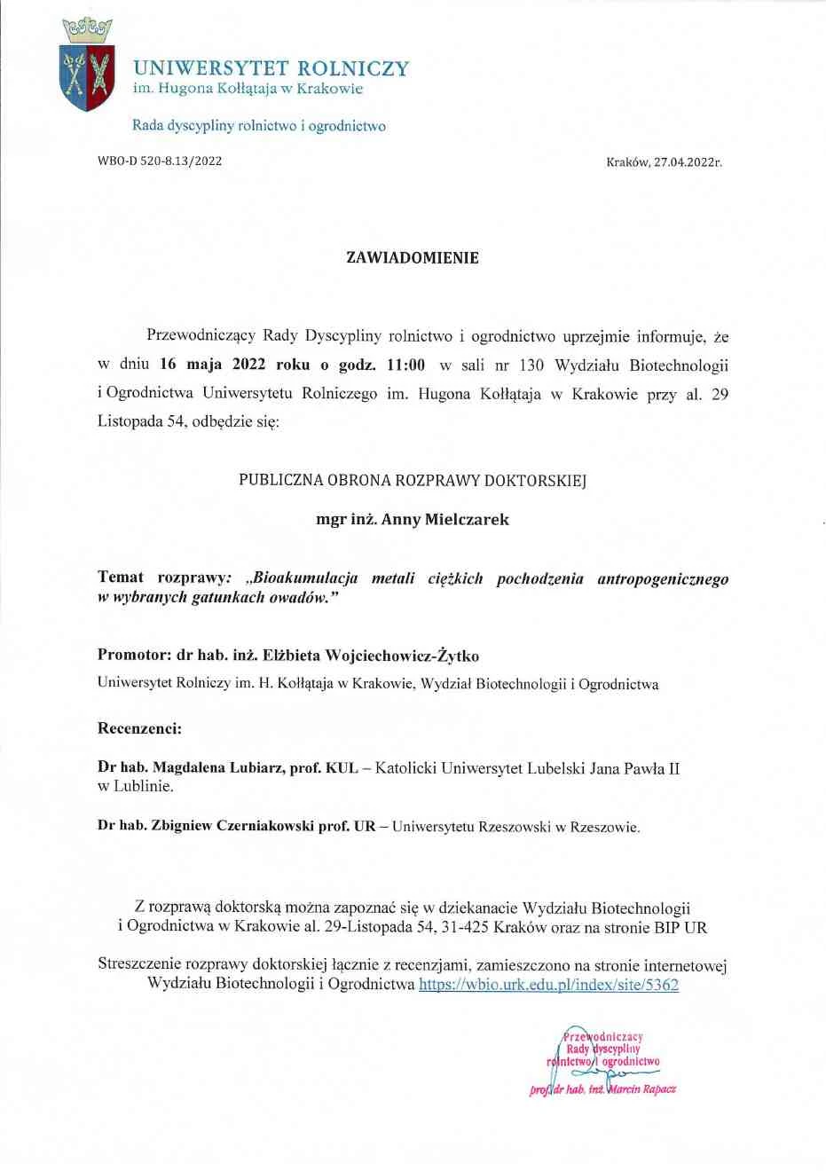 Zawiadomienie o publicznej obronie rozprawy doktorskiej mgr inż. Anny Mielczarek