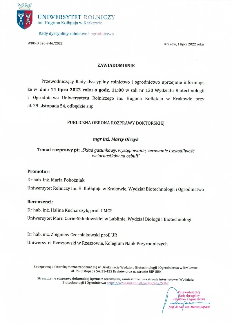 Zawiadomienie o publicznej obronie rozprawy doktorskiej mgr inż. Marty Olczyk