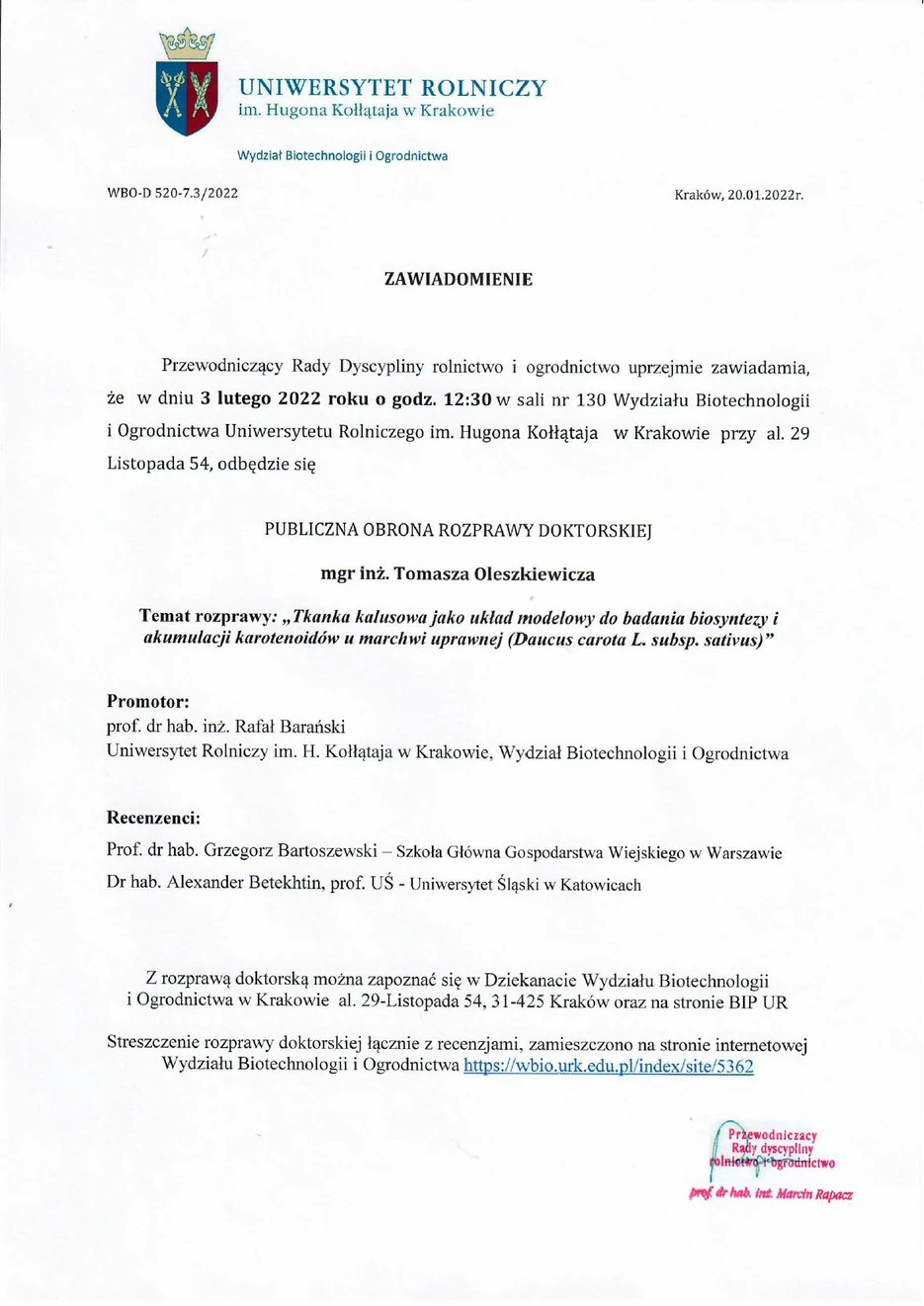 Zawiadomienie o publicznej obronie rozprawy doktorskiej mgr inż. Tomasza Oleszkiewicza