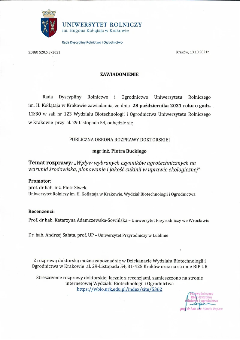 PUBLICZNA OBRONA ROZPRAWY DOKTORSKIEJ mgr inż. Piotra Buckiego
